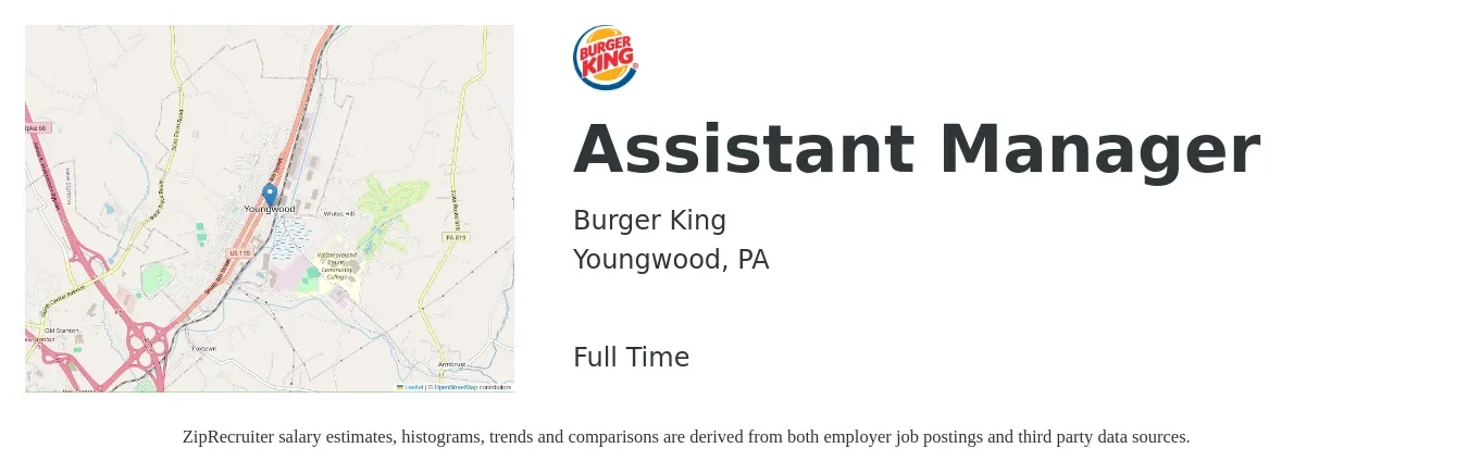 Burger King job posting for a Assistant Manager in Youngwood, PA with a salary of $16 to $23 Hourly with a map of Youngwood location.