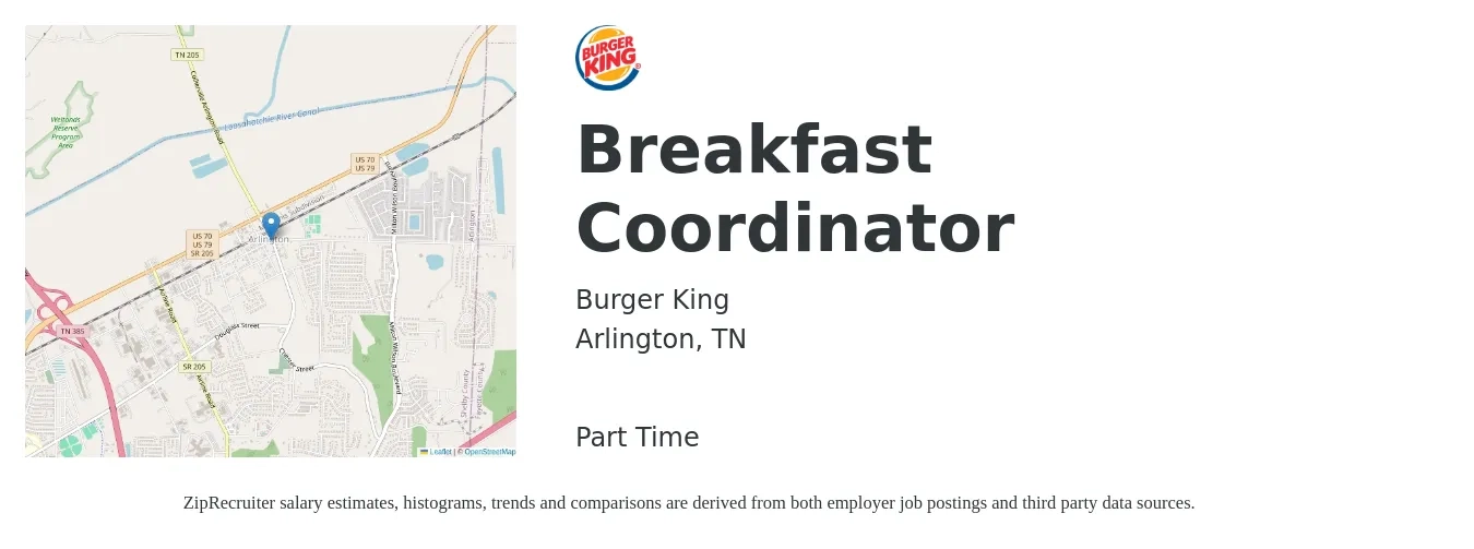 Burger King job posting for a Breakfast Coordinator in Arlington, TN with a salary of $16 to $20 Hourly with a map of Arlington location.