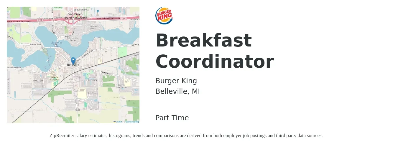 Burger King job posting for a Breakfast Coordinator in Belleville, MI with a salary of $17 to $21 Hourly with a map of Belleville location.