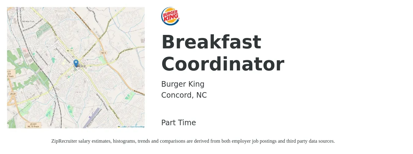 Burger King job posting for a Breakfast Coordinator in Concord, NC with a salary of $16 to $20 Hourly with a map of Concord location.