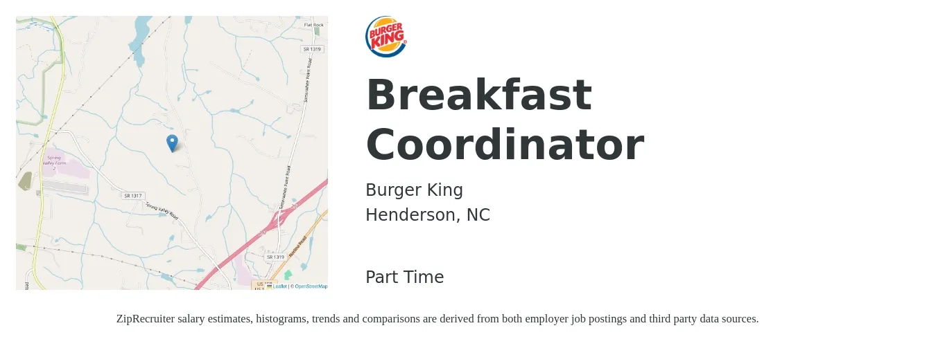 Burger King job posting for a Breakfast Coordinator in Henderson, NC with a salary of $17 to $20 Hourly with a map of Henderson location.