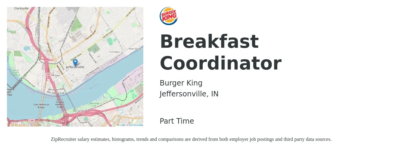 Burger King job posting for a Breakfast Coordinator in Jeffersonville, IN with a salary of $17 to $21 Hourly with a map of Jeffersonville location.