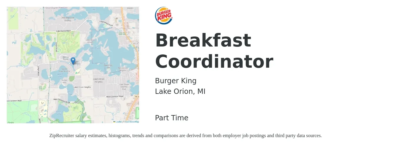 Burger King job posting for a Breakfast Coordinator in Lake Orion, MI with a salary of $16 to $20 Hourly with a map of Lake Orion location.