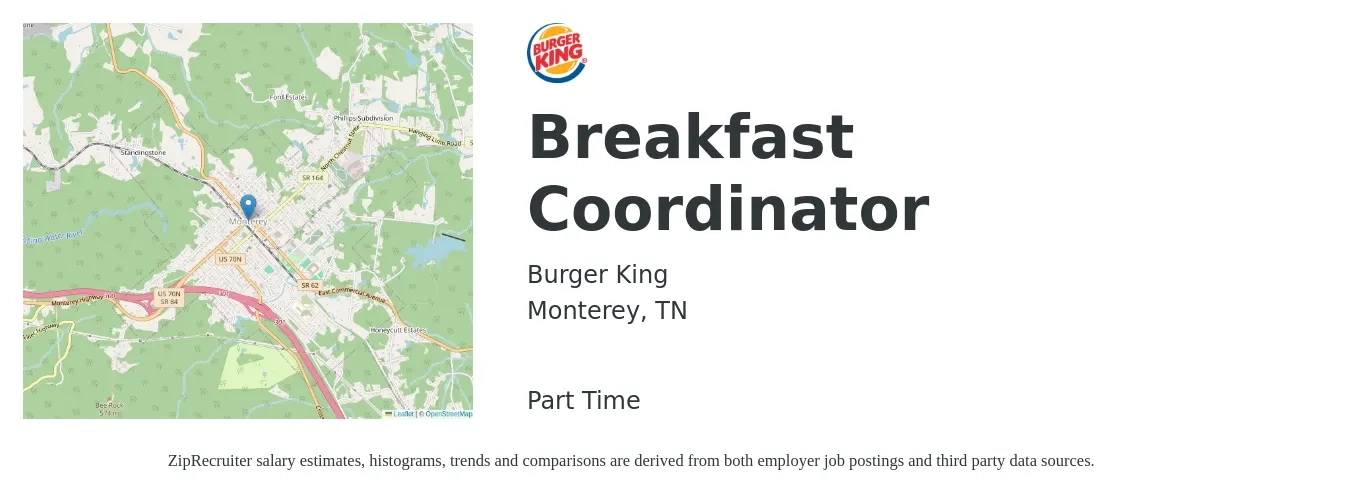 Burger King job posting for a Breakfast Coordinator in Monterey, TN with a salary of $14 to $17 Hourly with a map of Monterey location.