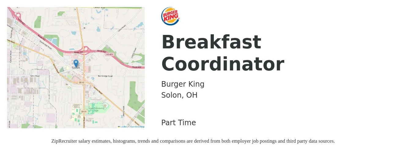 Burger King job posting for a Breakfast Coordinator in Solon, OH with a salary of $17 to $20 Hourly with a map of Solon location.