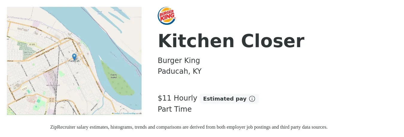 Burger King job posting for a Kitchen Closer in Paducah, KY with a salary of $12 Hourly with a map of Paducah location.