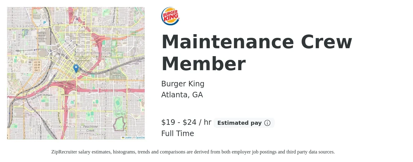 Burger King job posting for a Maintenance Crew Member in Atlanta, GA with a salary of $20 to $25 Hourly with a map of Atlanta location.