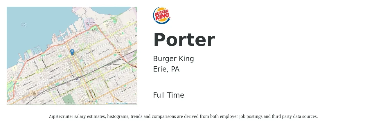 Burger King job posting for a Porter in Erie, PA with a salary of $14 to $17 Hourly with a map of Erie location.