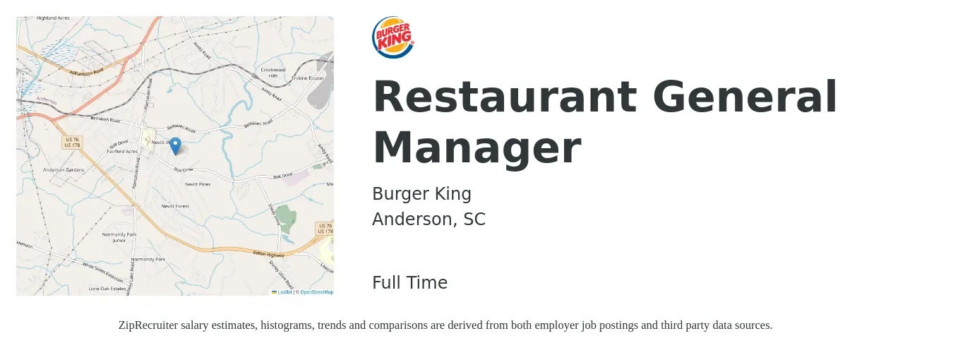 Burger King job posting for a Restaurant General Manager in Anderson, SC with a salary of $48,100 to $66,400 Yearly with a map of Anderson location.