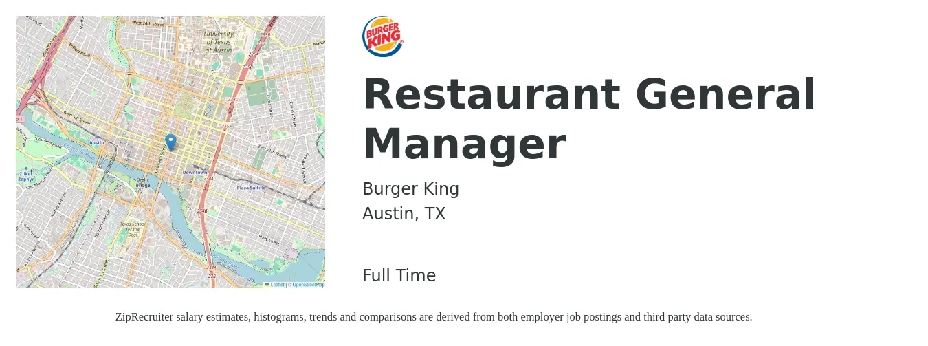 Burger King job posting for a Restaurant General Manager in Austin, TX with a salary of $53,500 to $73,800 Yearly with a map of Austin location.