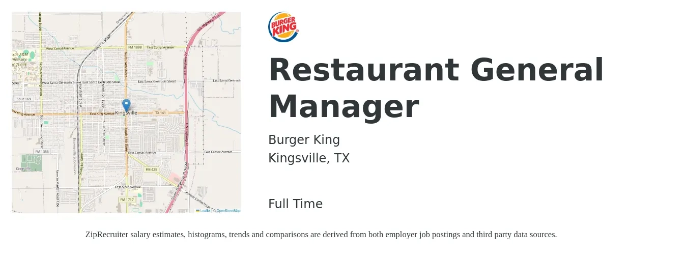Burger King job posting for a Restaurant General Manager in Kingsville, TX with a salary of $50,500 to $69,600 Yearly with a map of Kingsville location.