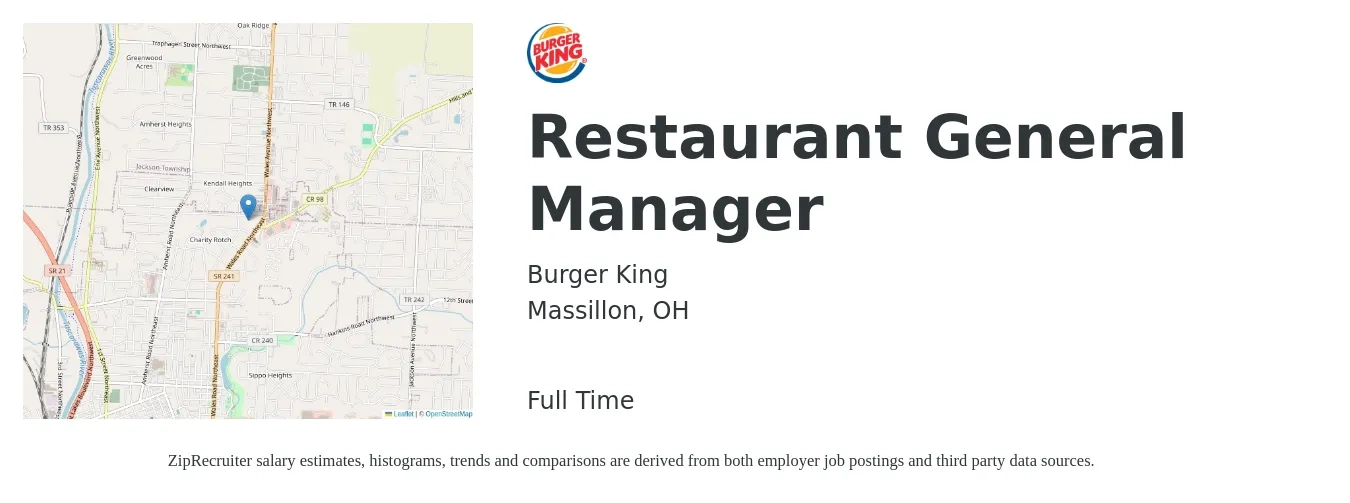 Burger King job posting for a Restaurant General Manager in Massillon, OH with a salary of $49,300 to $68,000 Yearly with a map of Massillon location.
