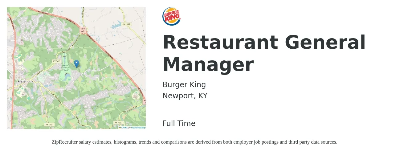 Burger King job posting for a Restaurant General Manager in Newport, KY with a salary of $51,200 to $70,700 Yearly with a map of Newport location.