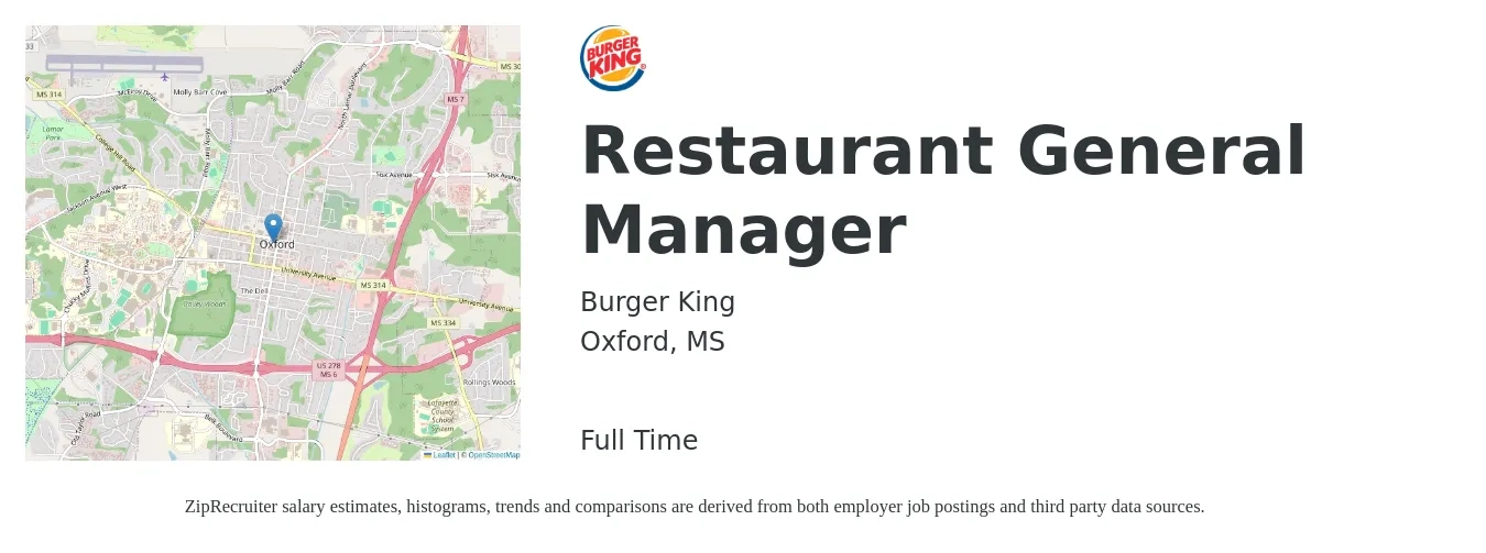 Burger King job posting for a Restaurant General Manager in Oxford, MS with a salary of $50,800 to $70,100 Yearly with a map of Oxford location.