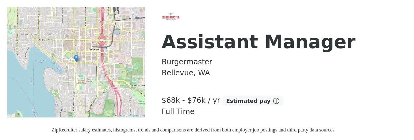 Burgermaster job posting for a Assistant Manager in Bellevue, WA with a salary of $68,000 to $76,000 Yearly with a map of Bellevue location.