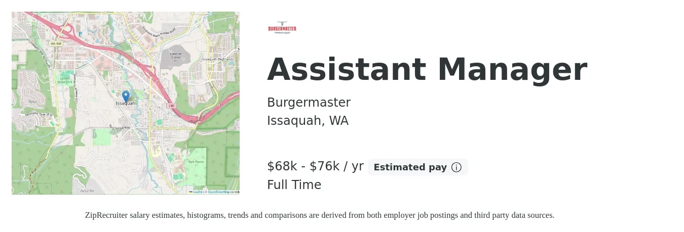 Burgermaster job posting for a Assistant Manager in Issaquah, WA with a salary of $68,000 to $76,000 Yearly with a map of Issaquah location.