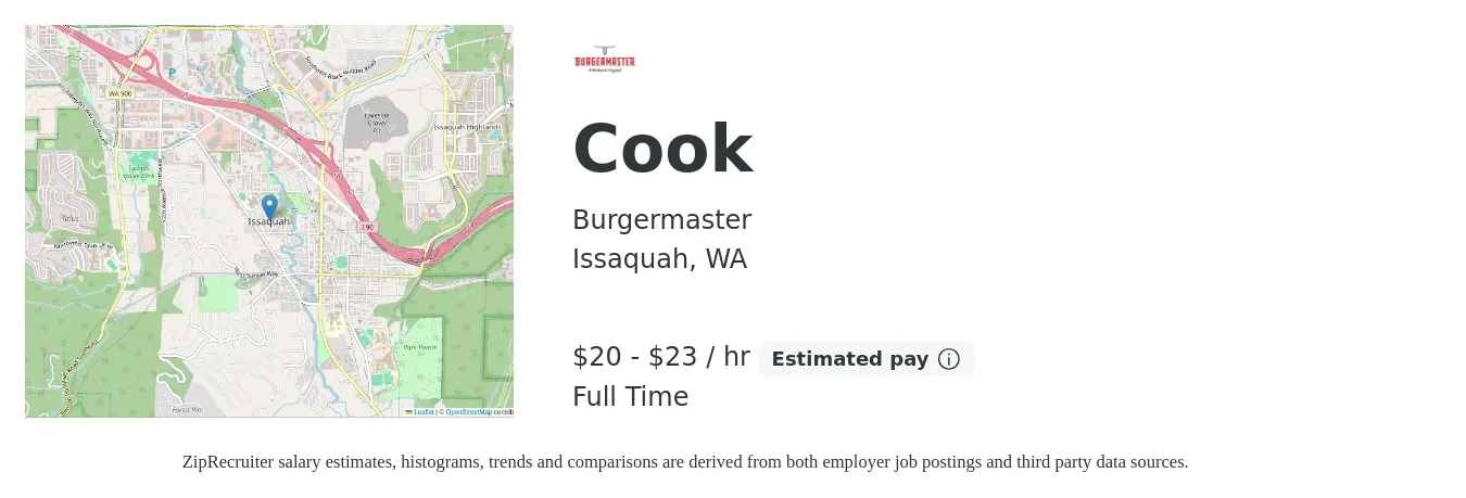 Burgermaster job posting for a Cook in Issaquah, WA with a salary of $21 to $24 Hourly with a map of Issaquah location.