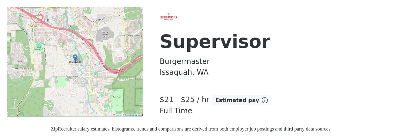 Burgermaster job posting for a Supervisor in Issaquah, WA with a salary of $22 to $26 Hourly with a map of Issaquah location.