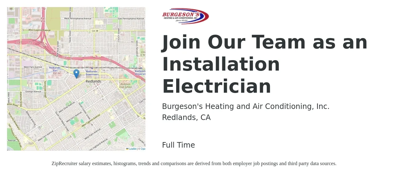 Burgeson's Heating and Air Conditioning, Inc. job posting for a Join Our Team as an Installation Electrician in Redlands, CA with a salary of $25 to $30 Hourly with a map of Redlands location.