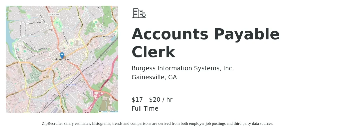 Burgess Information Systems, Inc. job posting for a Accounts Payable Clerk in Gainesville, GA with a salary of $18 to $21 Hourly with a map of Gainesville location.