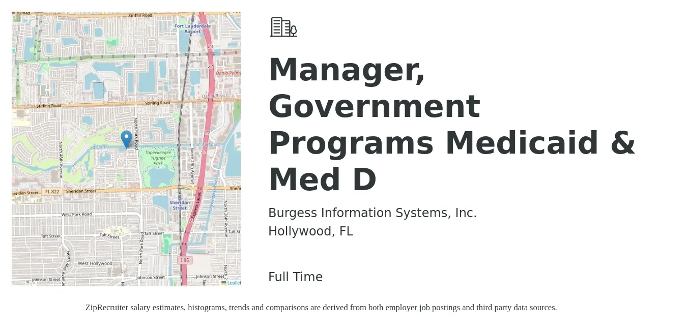 Burgess Information Systems, Inc. job posting for a Manager, Government Programs Medicaid & Med D in Hollywood, FL with a salary of $41,100 to $102,800 Yearly with a map of Hollywood location.