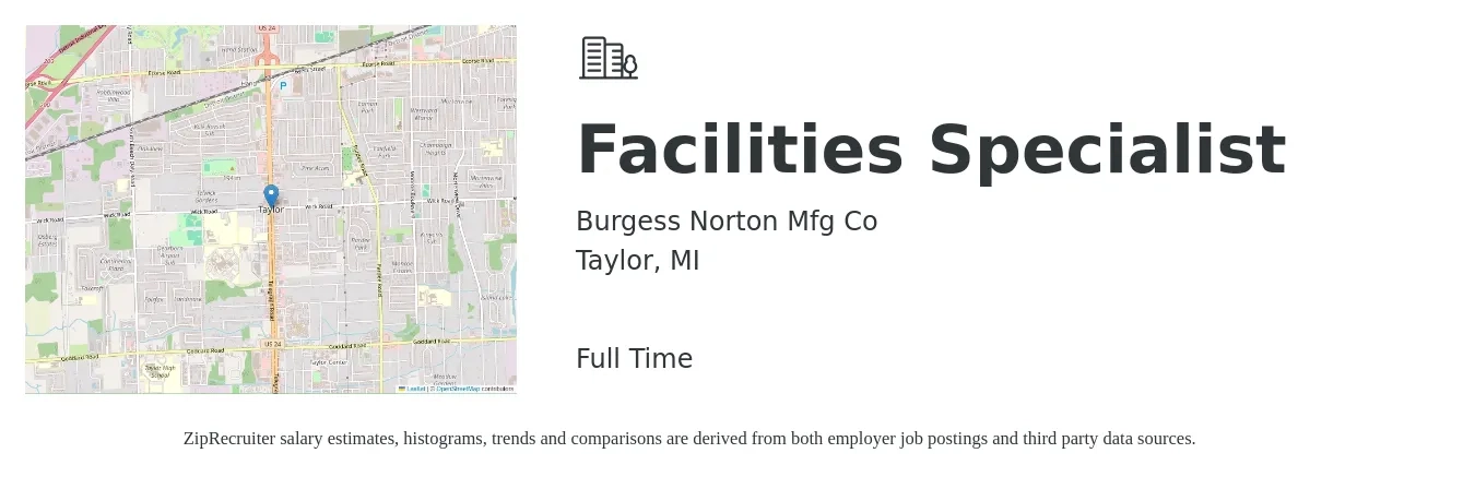 Burgess Norton Mfg Co job posting for a Facilities Specialist in Taylor, MI with a salary of $48,300 to $78,900 Yearly with a map of Taylor location.
