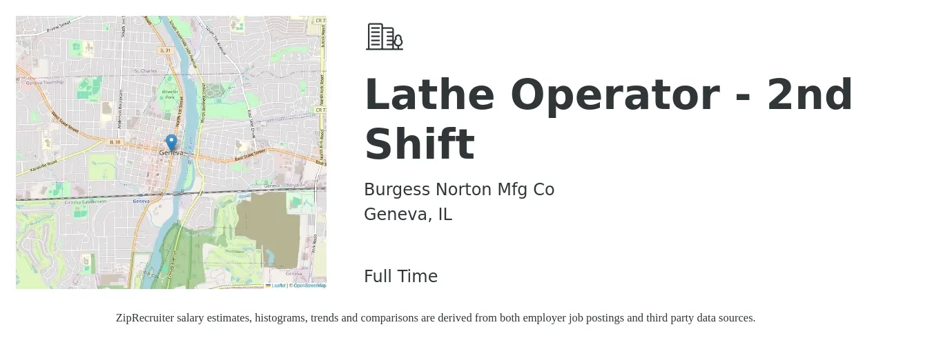 Burgess Norton Mfg Co job posting for a Lathe Operator - 2nd Shift in Geneva, IL with a salary of $19 to $26 Hourly with a map of Geneva location.