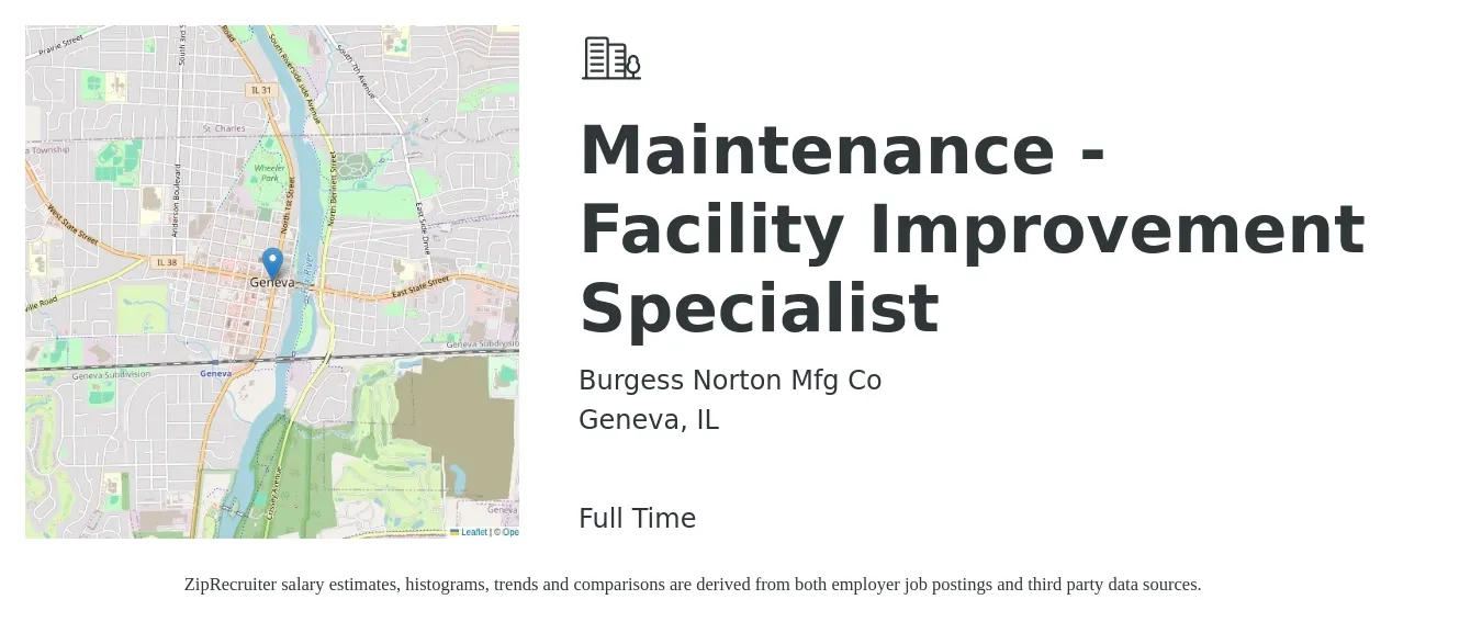Burgess Norton Mfg Co job posting for a Maintenance - Facility Improvement Specialist in Geneva, IL with a salary of $20 to $28 Hourly with a map of Geneva location.