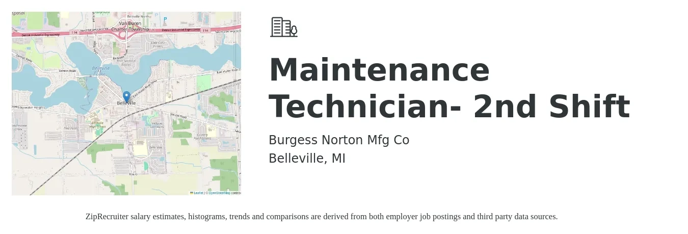 Burgess Norton Mfg Co job posting for a Maintenance Technician- 2nd Shift in Belleville, MI with a salary of $22 to $28 Hourly with a map of Belleville location.
