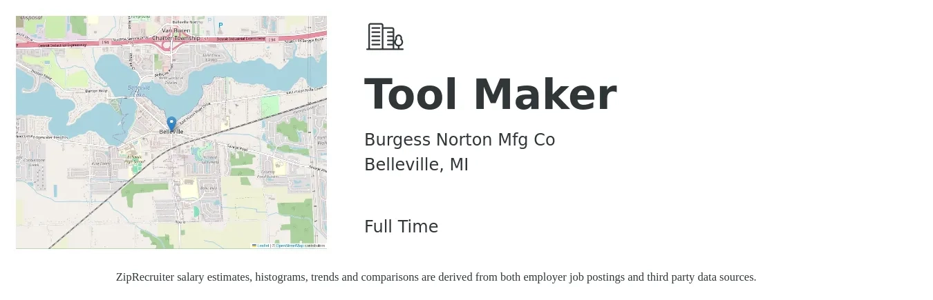 Burgess Norton Mfg Co job posting for a Tool Maker in Belleville, MI with a salary of $25 to $32 Hourly with a map of Belleville location.