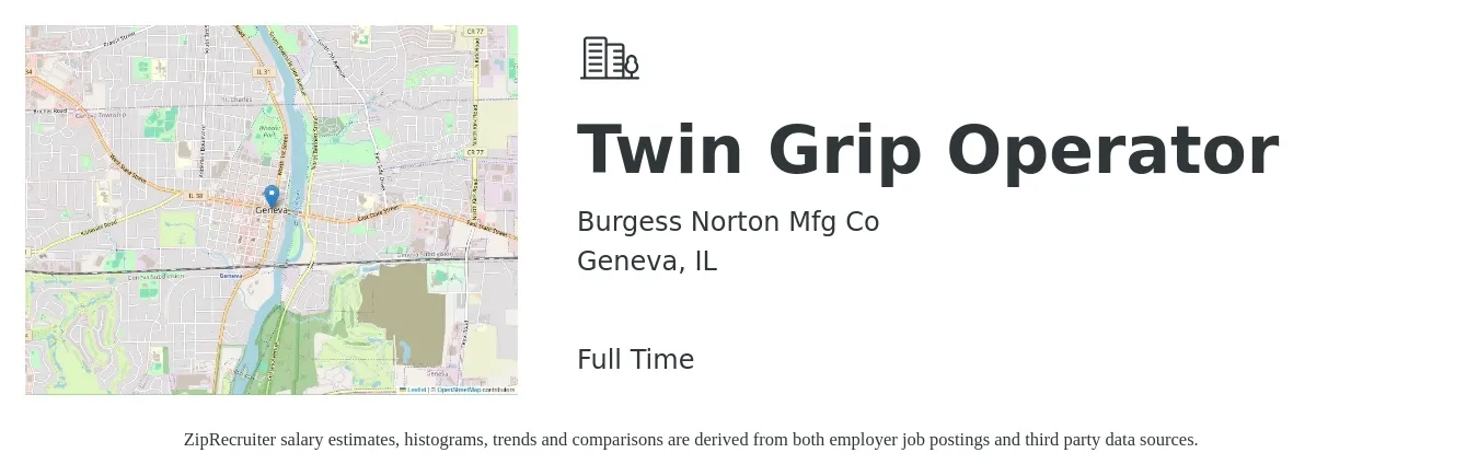 Burgess Norton Mfg Co job posting for a Twin Grip Operator in Geneva, IL with a salary of $16 to $20 Hourly with a map of Geneva location.
