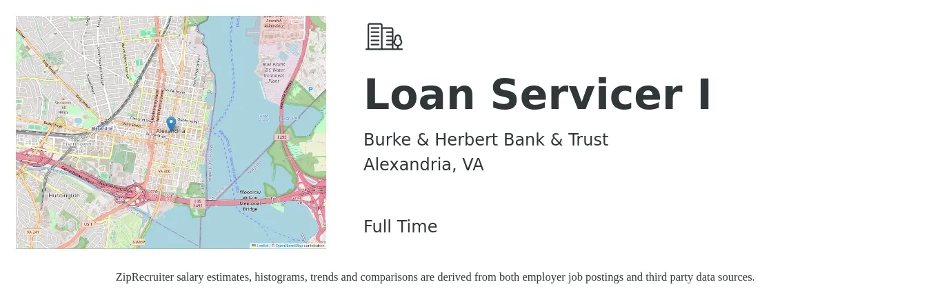 Burke & Herbert Bank & Trust job posting for a Loan Servicer I in Alexandria, VA with a salary of $20 to $29 Hourly with a map of Alexandria location.