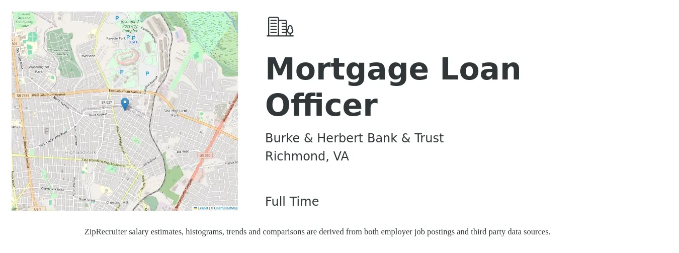 Burke & Herbert Bank & Trust job posting for a Mortgage Loan Officer in Richmond, VA with a salary of $49,500 to $95,200 Yearly with a map of Richmond location.