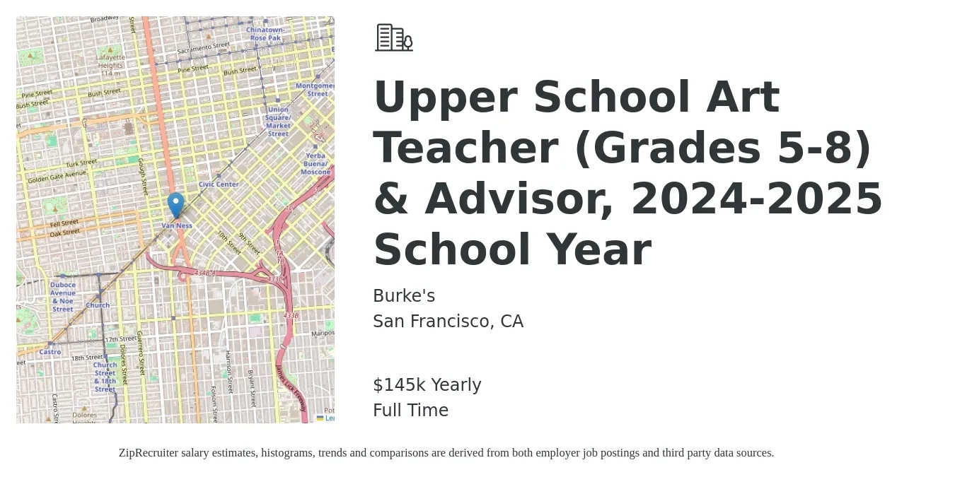 Burke's job posting for a Upper School Art Teacher (Grades 5-8) & Advisor, 2024-2025 School Year in San Francisco, CA with a salary of $145,000 Yearly with a map of San Francisco location.