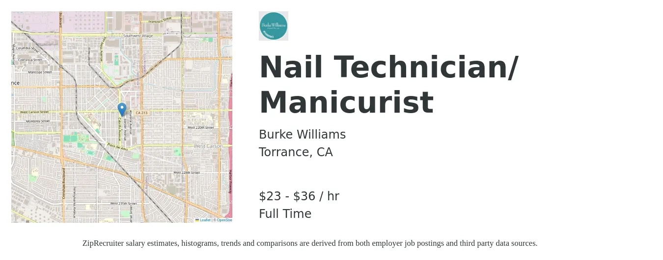 Burke Williams job posting for a Nail Technician/ Manicurist in Torrance, CA with a salary of $24 to $38 Hourly with a map of Torrance location.