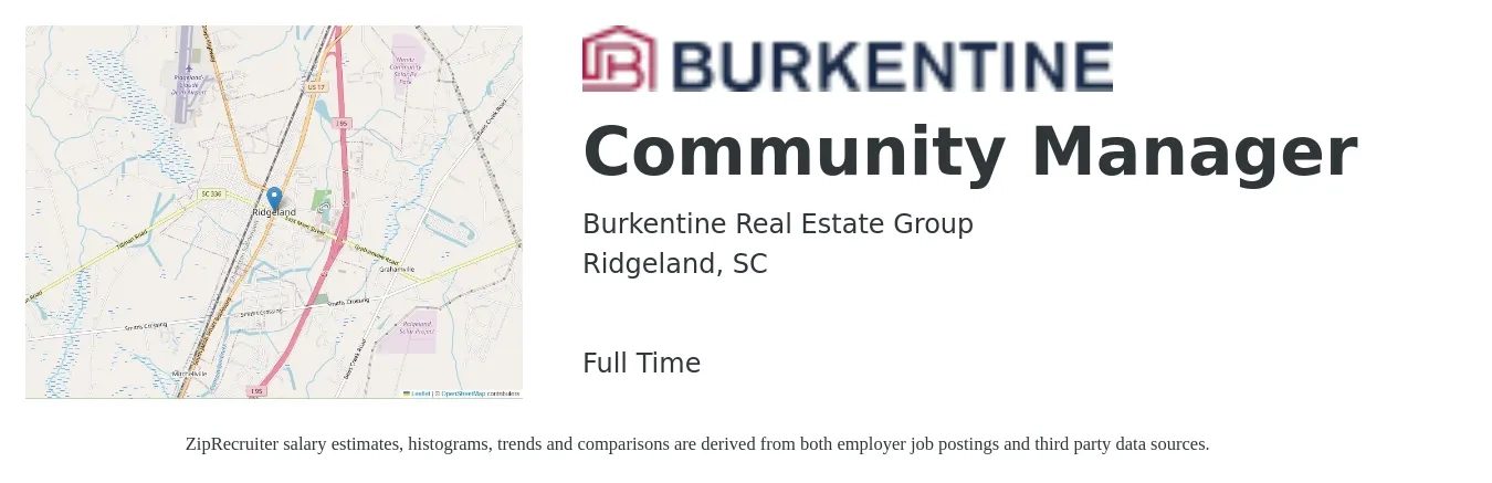 Burkentine Real Estate Group job posting for a Community Manager in Ridgeland, SC with a salary of $40,900 to $58,300 Yearly with a map of Ridgeland location.