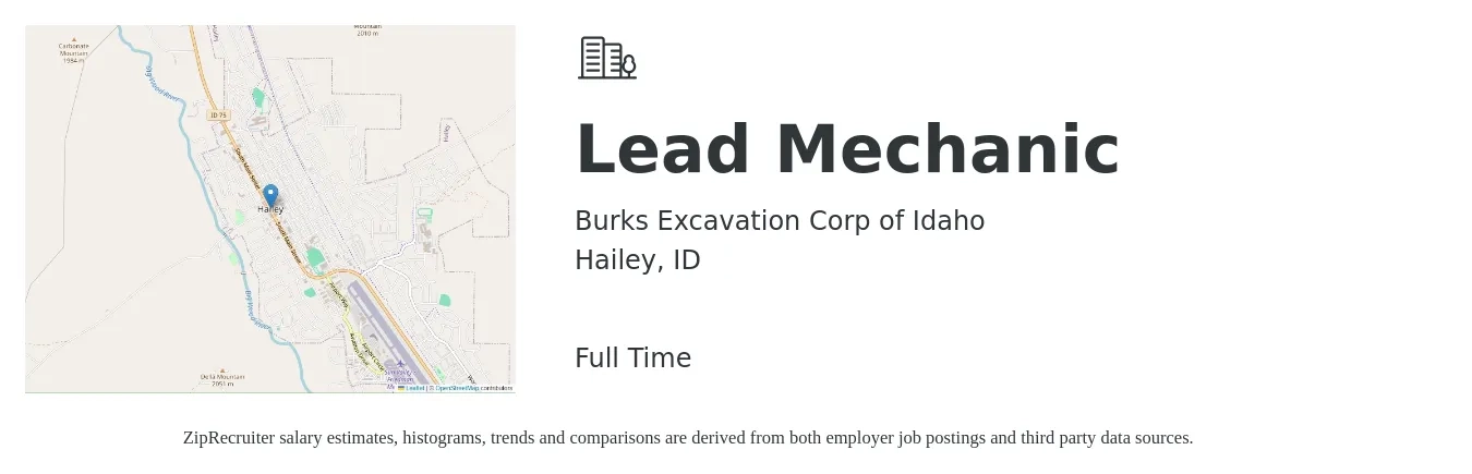 Burks Excavation Corp of Idaho job posting for a Lead Mechanic in Hailey, ID with a salary of $29 to $38 Hourly with a map of Hailey location.