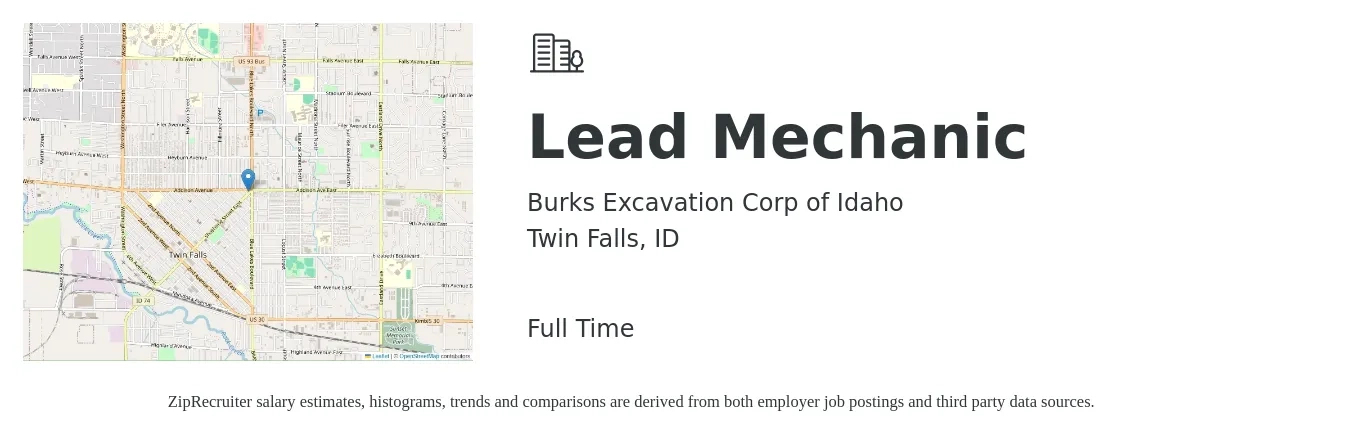 Burks Excavation Corp of Idaho job posting for a Lead Mechanic in Twin Falls, ID with a salary of $24 to $32 Hourly with a map of Twin Falls location.