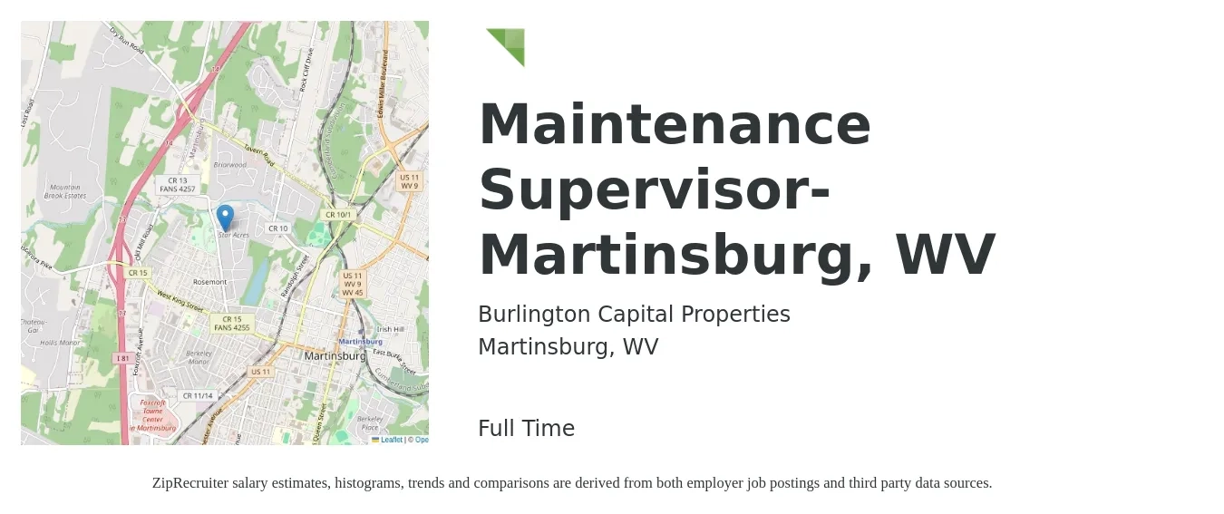 Burlington Capital Properties job posting for a Maintenance Supervisor- Martinsburg, WV in Martinsburg, WV with a salary of $24 to $41 Hourly with a map of Martinsburg location.