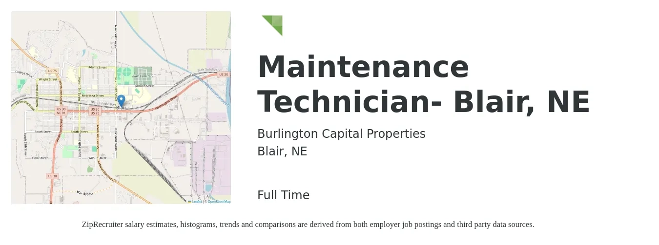 Burlington Capital Properties job posting for a Maintenance Technician- Blair, NE in Blair, NE with a salary of $19 to $26 Hourly with a map of Blair location.