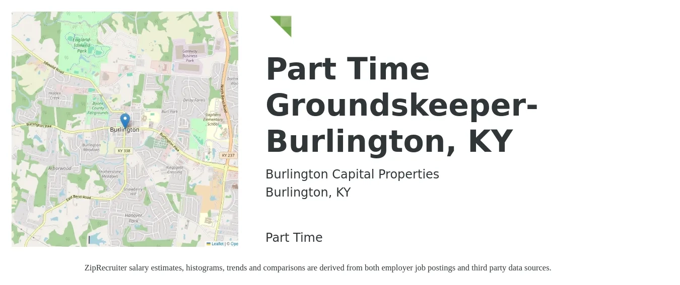 Burlington Capital Properties job posting for a Part Time Groundskeeper- Burlington, KY in Burlington, KY with a salary of $14 to $18 Hourly with a map of Burlington location.