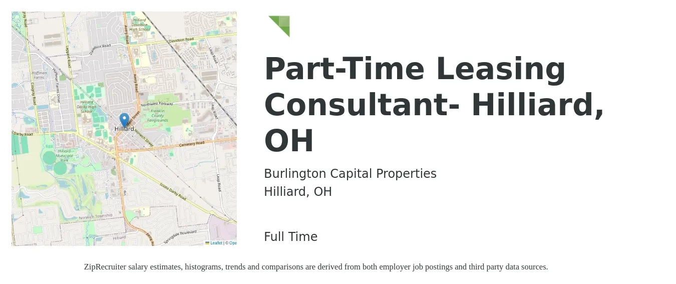 Burlington Capital Properties job posting for a Part-Time Leasing Consultant- Hilliard, OH in Hilliard, OH with a salary of $16 to $18 Hourly with a map of Hilliard location.