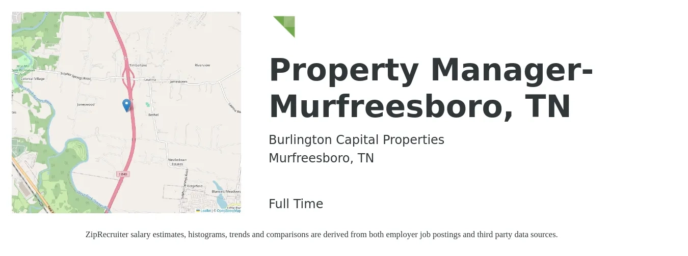 Burlington Capital Properties job posting for a Property Manager- Murfreesboro, TN in Murfreesboro, TN with a salary of $38,800 to $60,000 Yearly with a map of Murfreesboro location.