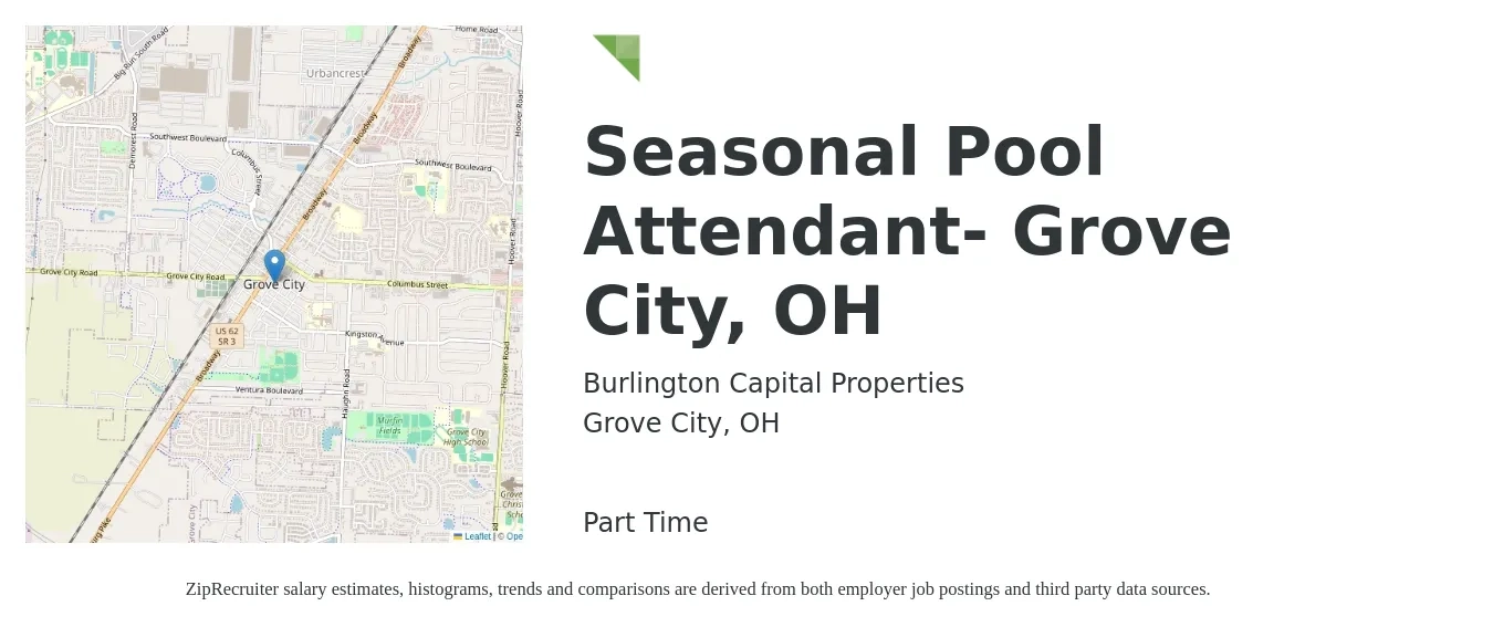 Burlington Capital Properties job posting for a Seasonal Pool Attendant- Grove City, OH in Grove City, OH with a salary of $12 to $16 Hourly with a map of Grove City location.