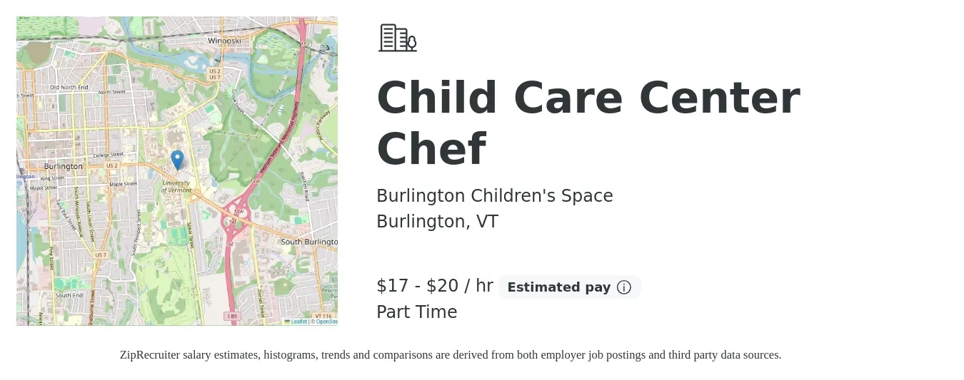 Burlington Children's Space job posting for a Child Care Center Chef in Burlington, VT with a salary of $18 to $21 Hourly with a map of Burlington location.