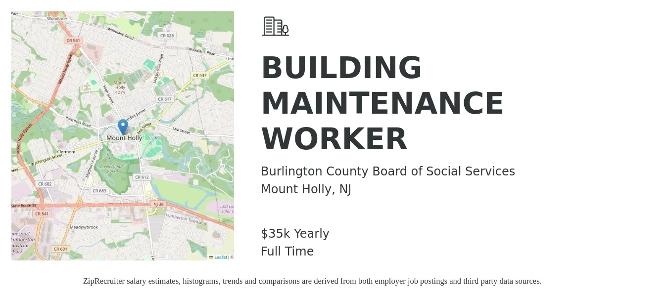 Burlington County Board of Social Services job posting for a BUILDING MAINTENANCE WORKER in Mount Holly, NJ with a salary of $35,676 Yearly with a map of Mount Holly location.