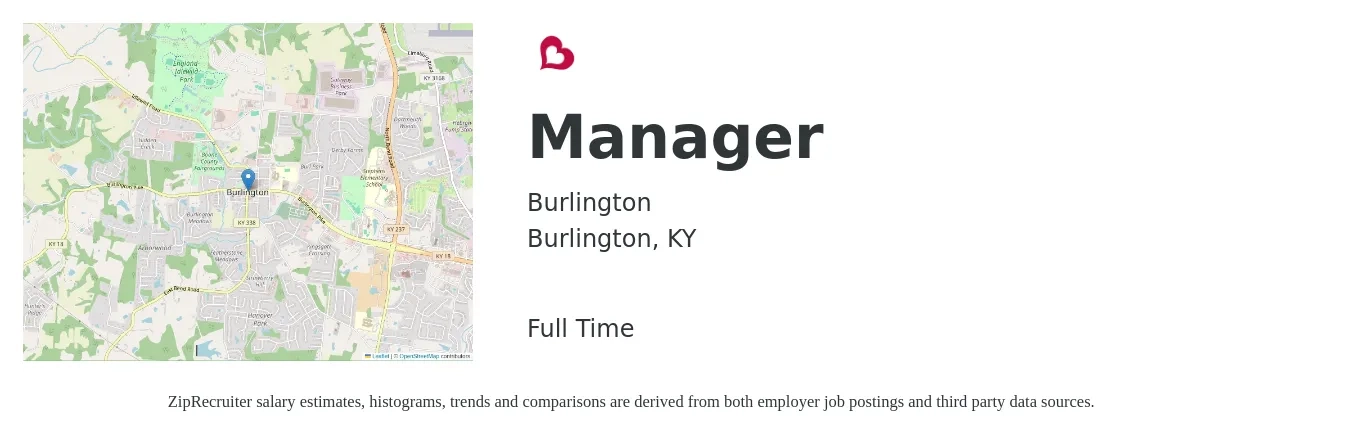 Burlington job posting for a Manager in Burlington, KY with a salary of $46,300 to $107,900 Yearly with a map of Burlington location.