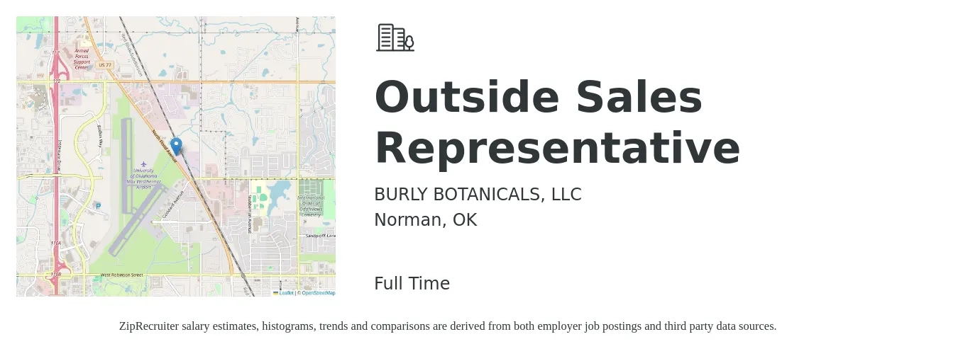BURLY BOTANICALS, LLC job posting for a Outside Sales Representative in Norman, OK with a salary of $45,900 to $78,600 Yearly with a map of Norman location.