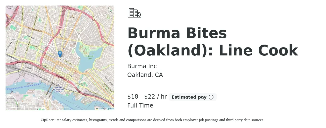 Burma Inc job posting for a Burma Bites (Oakland): Line Cook in Oakland, CA with a salary of $19 to $23 Hourly with a map of Oakland location.