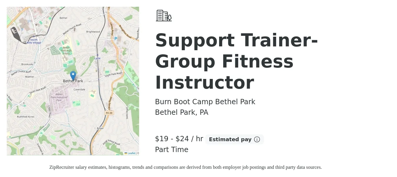 Burn Boot Camp Bethel Park job posting for a Support Trainer- Group Fitness Instructor in Bethel Park, PA with a salary of $20 to $25 Hourly with a map of Bethel Park location.
